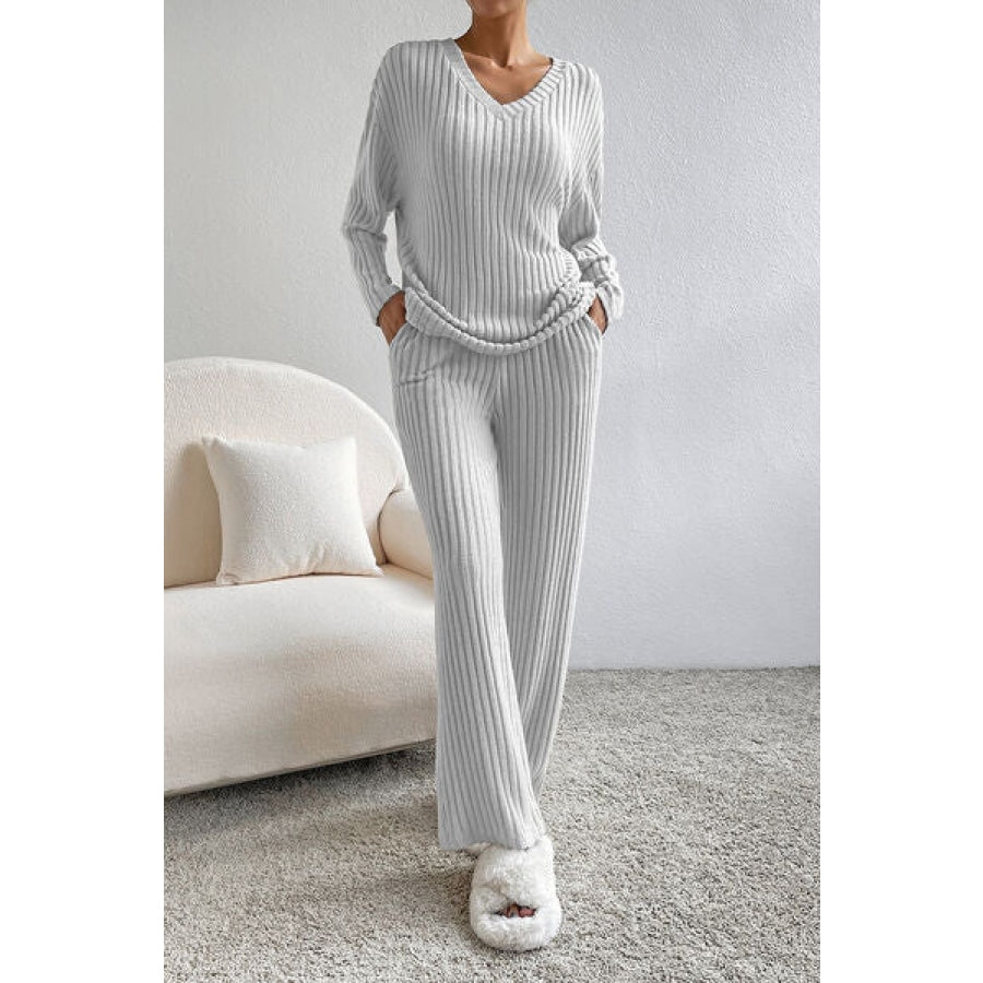 Ribbed V-Neck Top and Pants Lounge Set Cloudy Blue / S Clothing