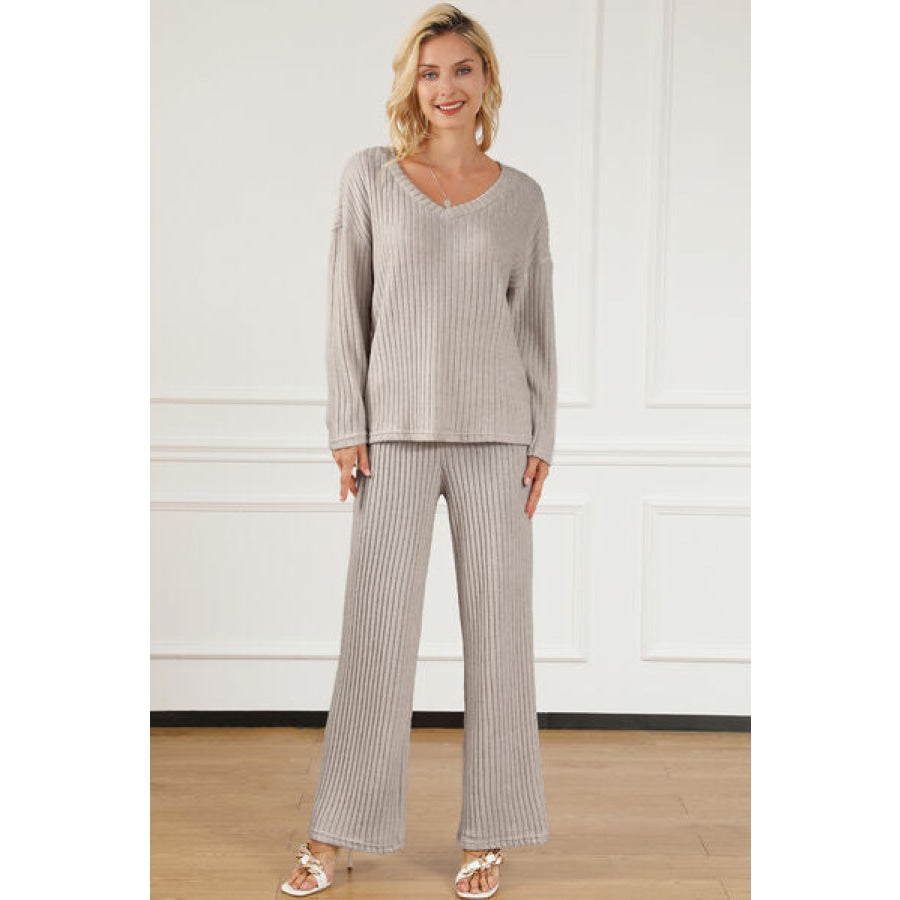 Ribbed V-Neck Top and Pants Lounge Set Light Gray / S Clothing