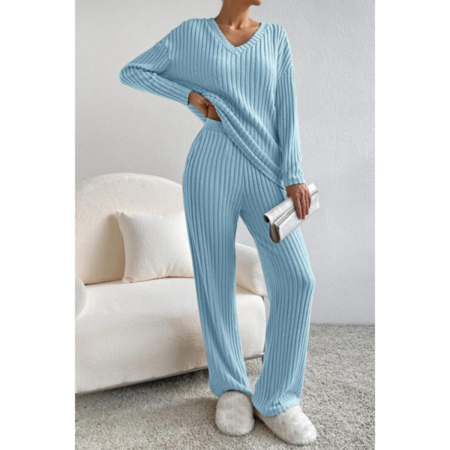 Ribbed V-Neck Top and Pants Set Apparel and Accessories