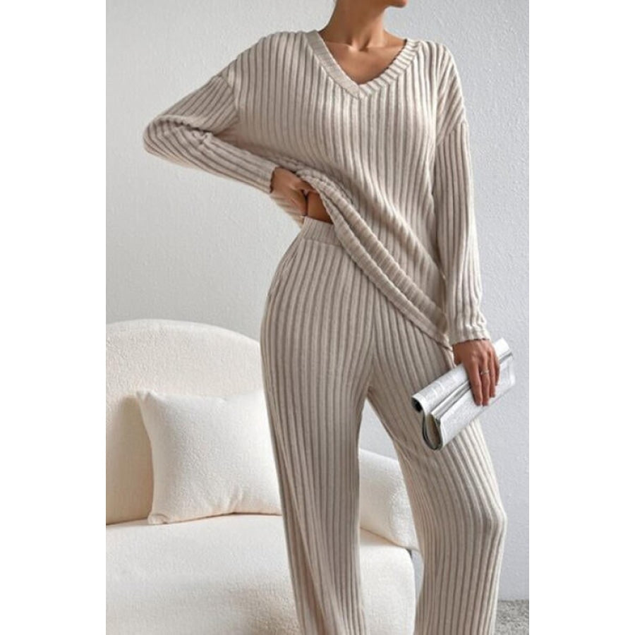 Ribbed V-Neck Top and Pants Set Apparel and Accessories