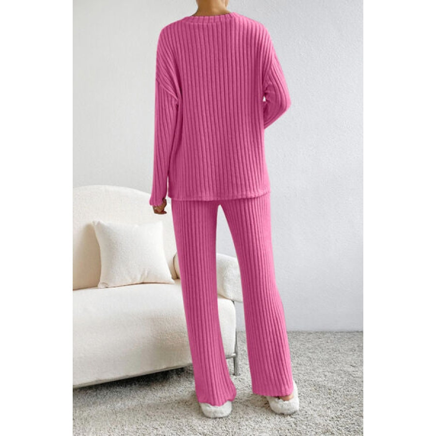 Ribbed V-Neck Top and Pants Set Apparel and Accessories