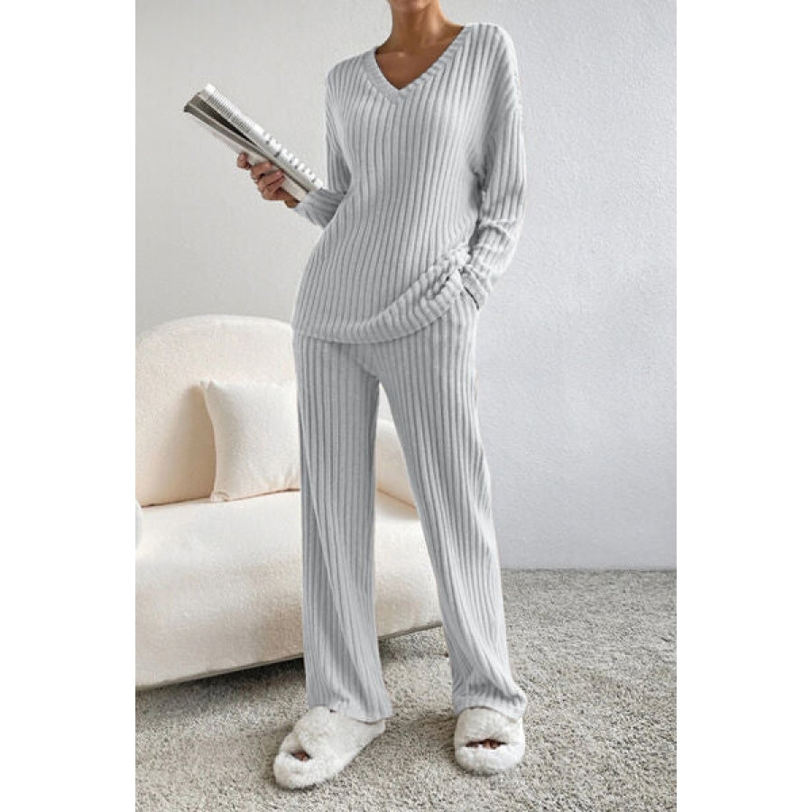 Ribbed V-Neck Top and Pants Set Apparel and Accessories