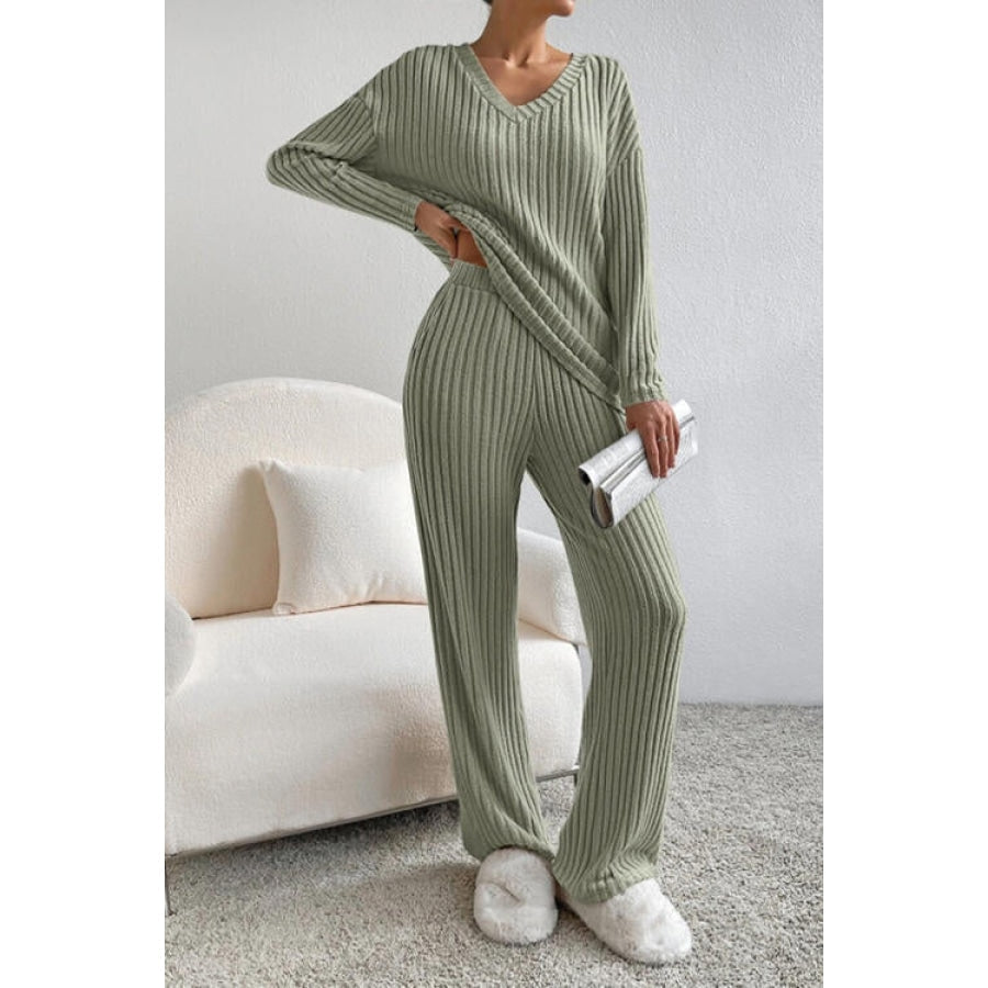 Ribbed V-Neck Top and Pants Set Apparel and Accessories