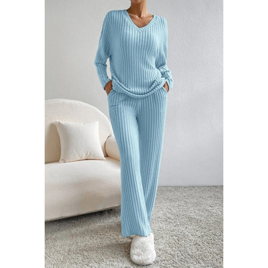 Ribbed V-Neck Top and Pants Set Apparel and Accessories