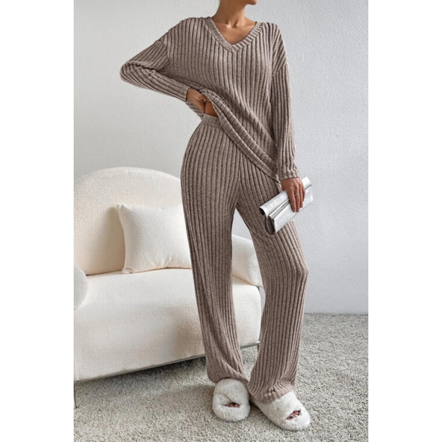 Ribbed V-Neck Top and Pants Set Apparel and Accessories