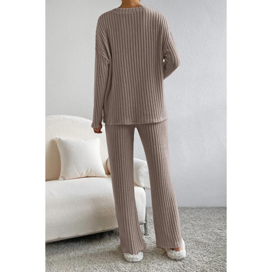 Ribbed V-Neck Top and Pants Set Apparel and Accessories