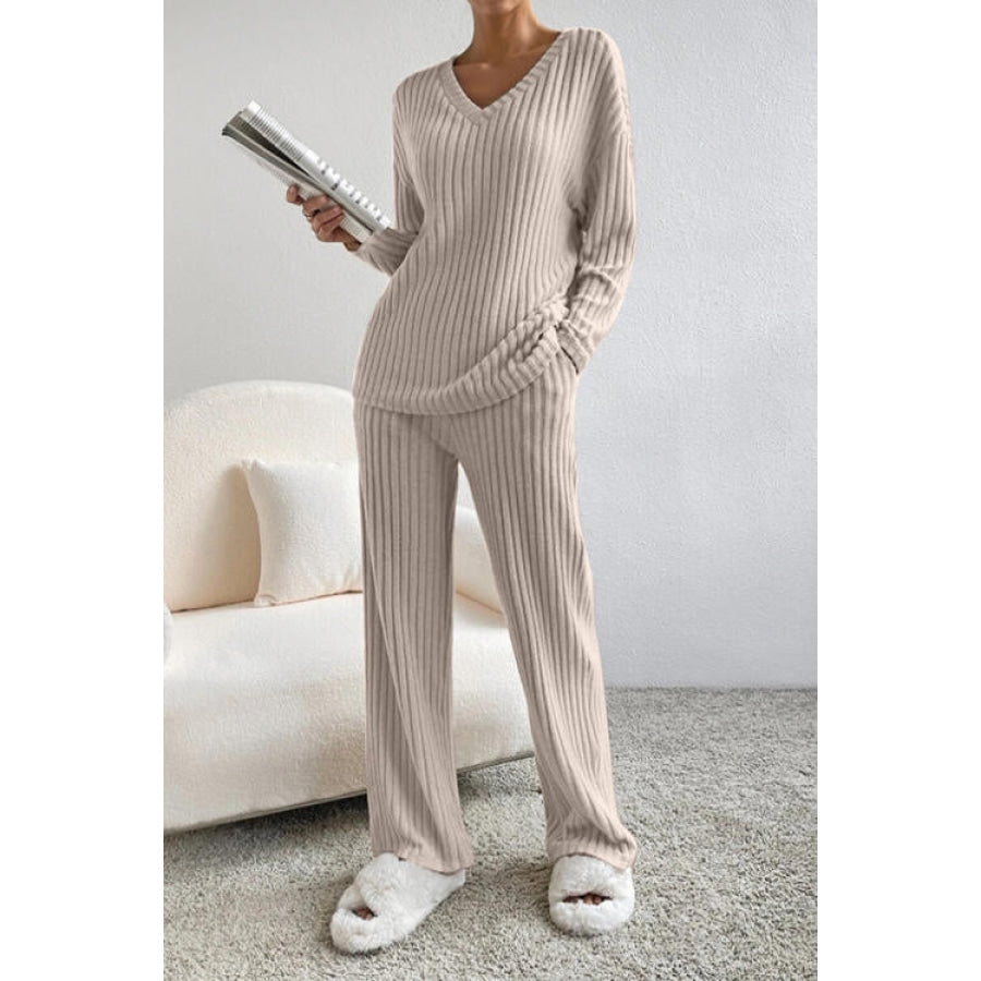 Ribbed V-Neck Top and Pants Set Apparel and Accessories