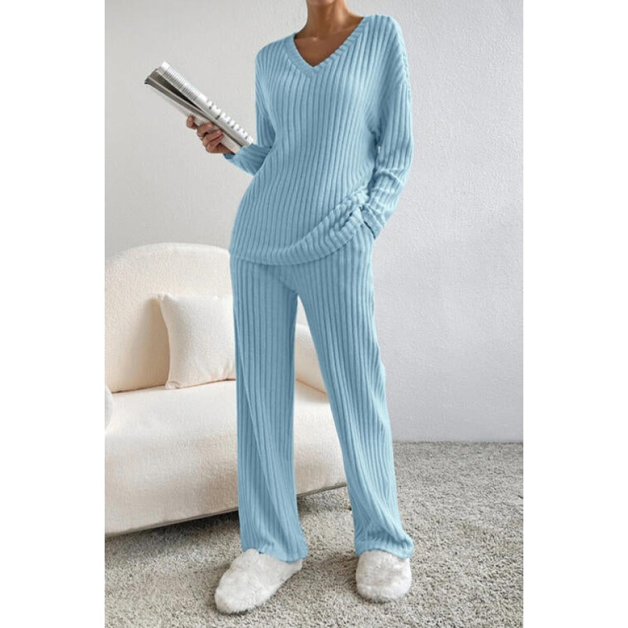 Ribbed V-Neck Top and Pants Set Apparel and Accessories