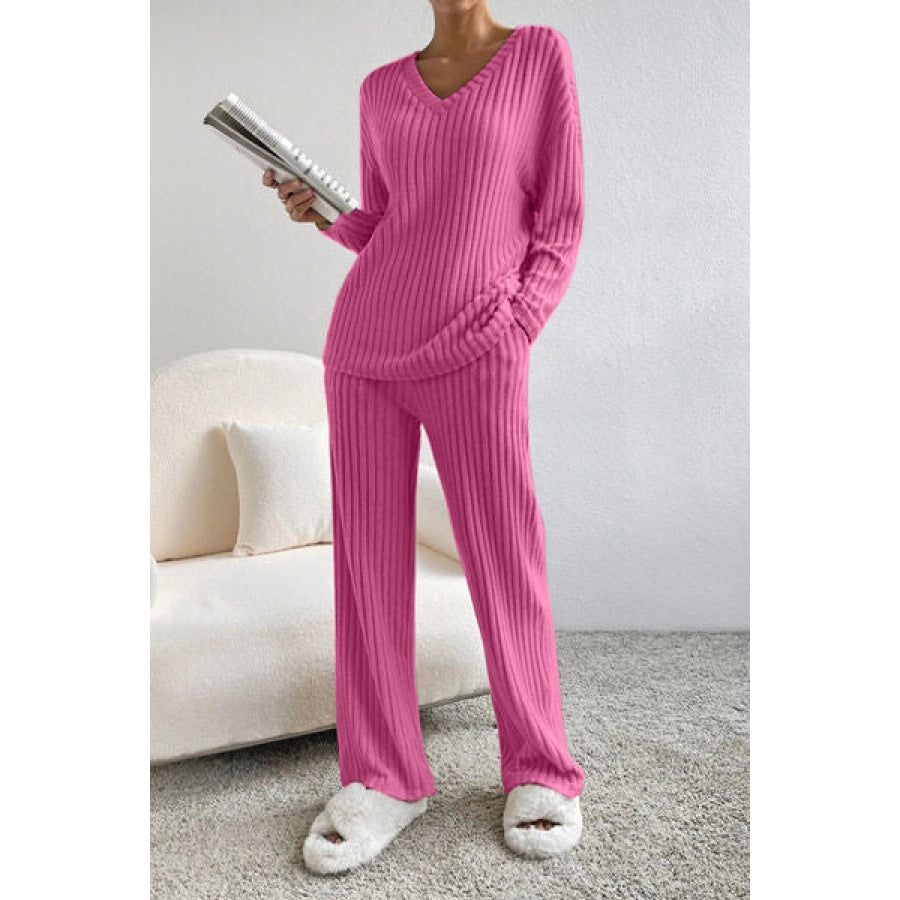 Ribbed V-Neck Top and Pants Set Apparel and Accessories