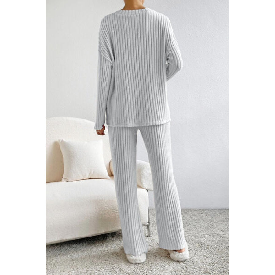 Ribbed V-Neck Top and Pants Set Apparel and Accessories