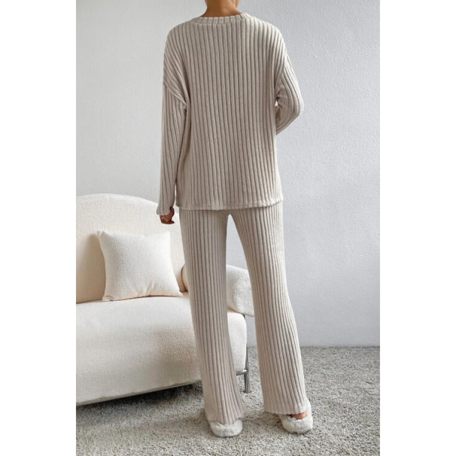 Ribbed V-Neck Top and Pants Set Apparel and Accessories