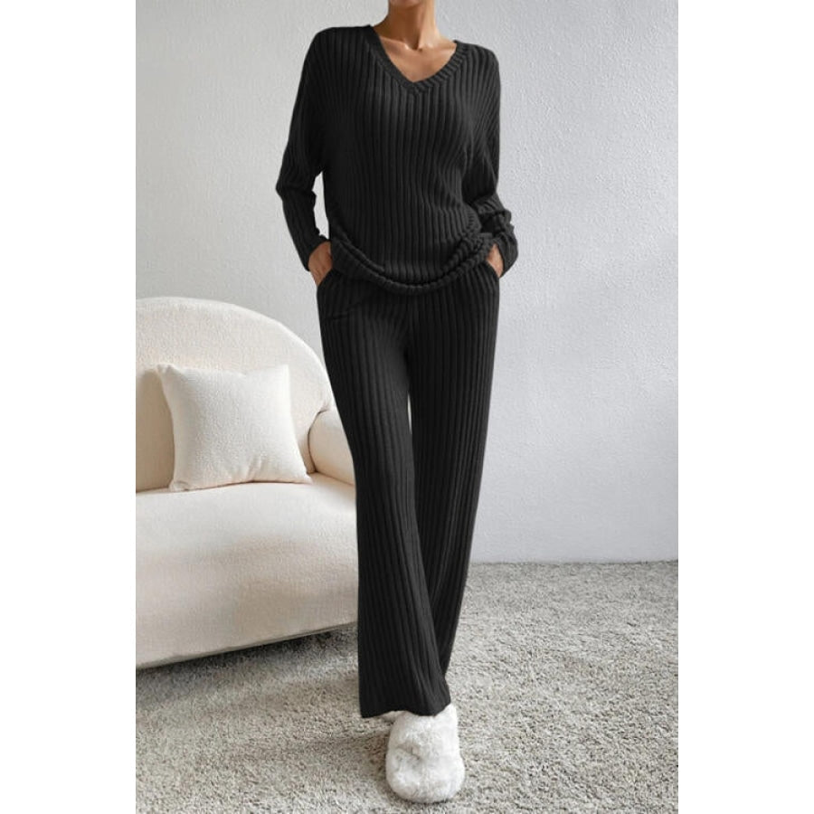 Ribbed V-Neck Top and Pants Set Apparel and Accessories