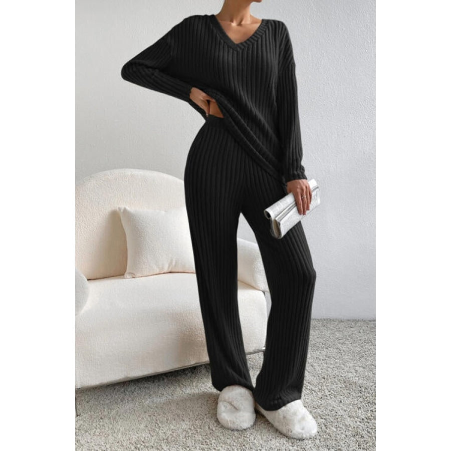 Ribbed V-Neck Top and Pants Set Black / S Apparel and Accessories