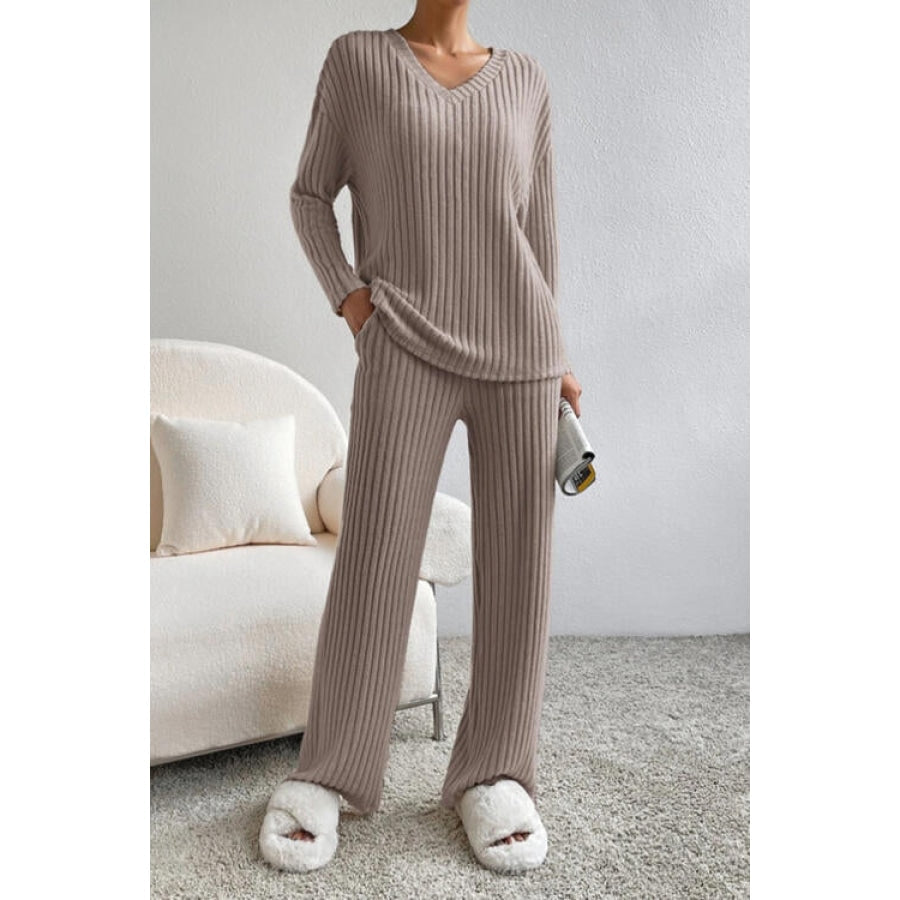 Ribbed V-Neck Top and Pants Set Camel / S Apparel and Accessories