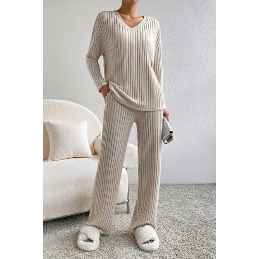 Ribbed V-Neck Top and Pants Set Dust Storm / S Apparel and Accessories