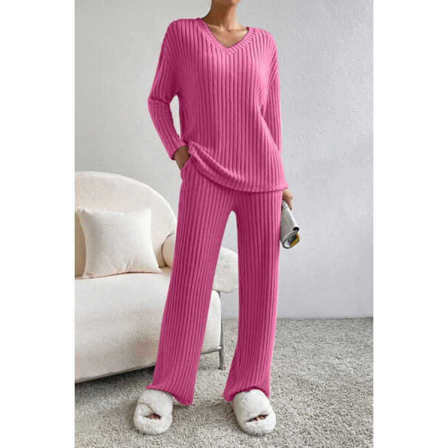 Ribbed V-Neck Top and Pants Set Hot Pink / S Apparel and Accessories