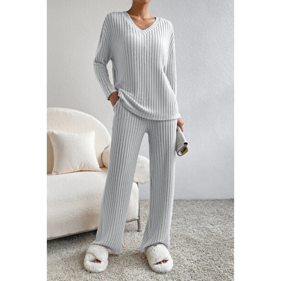 Ribbed V-Neck Top and Pants Set Light Gray / S Apparel and Accessories