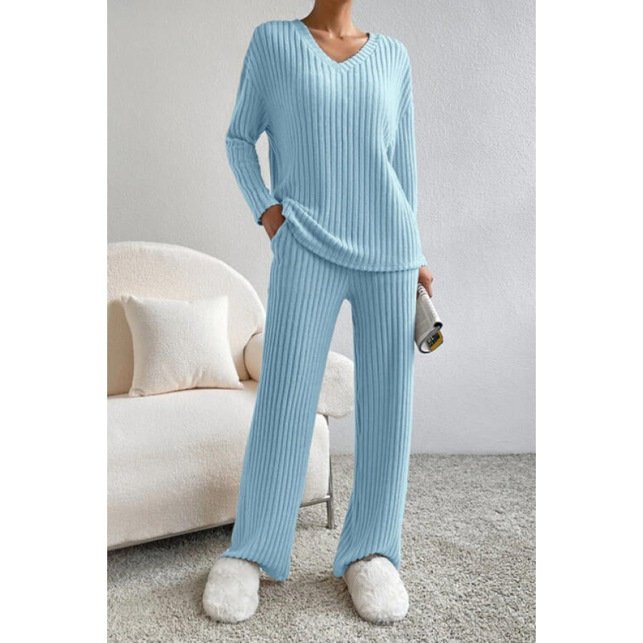 Ribbed V-Neck Top and Pants Set Pastel Blue / S Apparel and Accessories