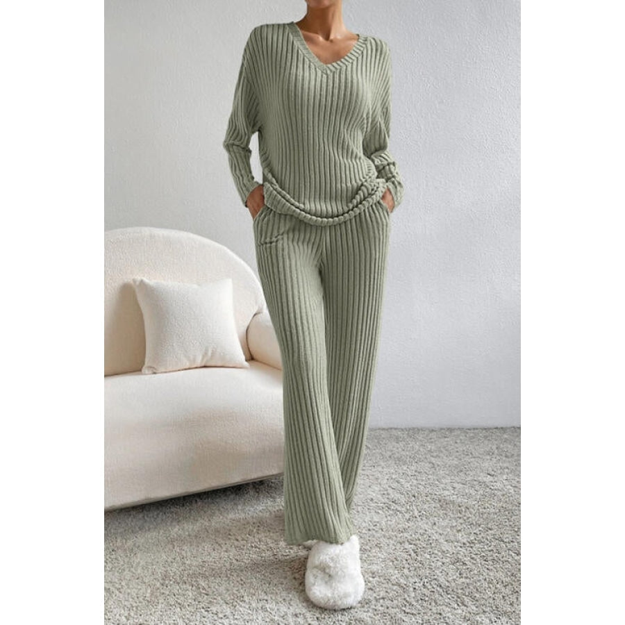 Ribbed V-Neck Top and Pants Set Sage / S Apparel and Accessories