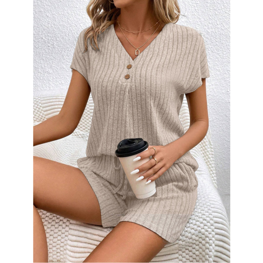 Ribbed V - Neck Top and Shorts Set Apparel and Accessories