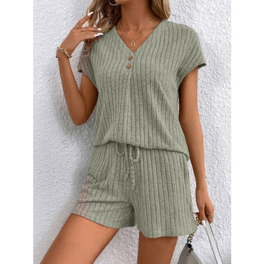 Ribbed V - Neck Top and Shorts Set Apparel and Accessories