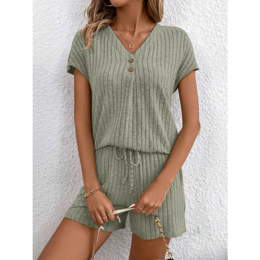 Ribbed V - Neck Top and Shorts Set Apparel and Accessories