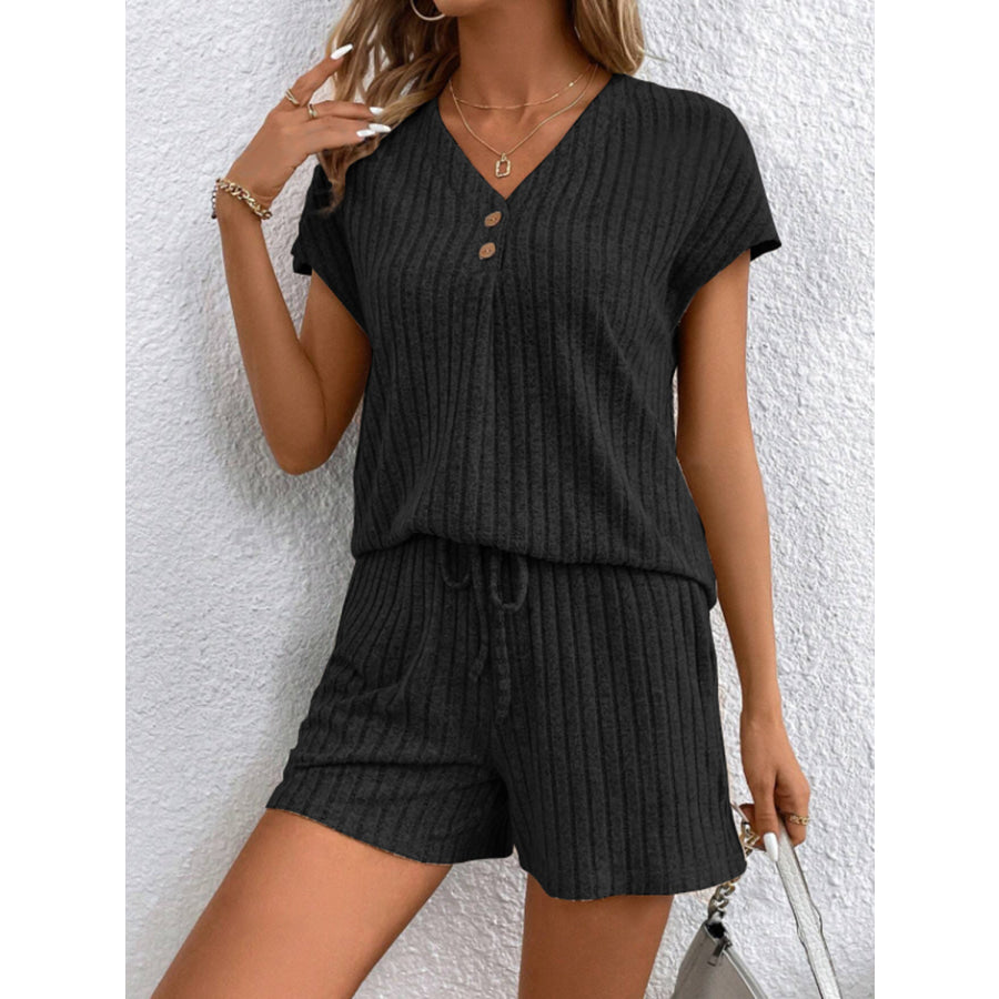 Ribbed V - Neck Top and Shorts Set Black / S Apparel and Accessories