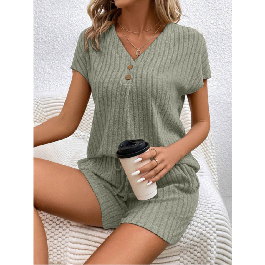 Ribbed V - Neck Top and Shorts Set Sage / S Apparel and Accessories