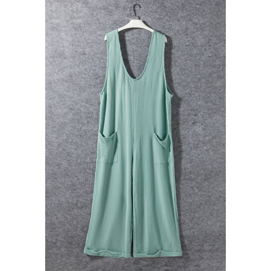 Ribbed V - Neck Wide Leg Jumpsuit with Pockets Apparel and Accessories