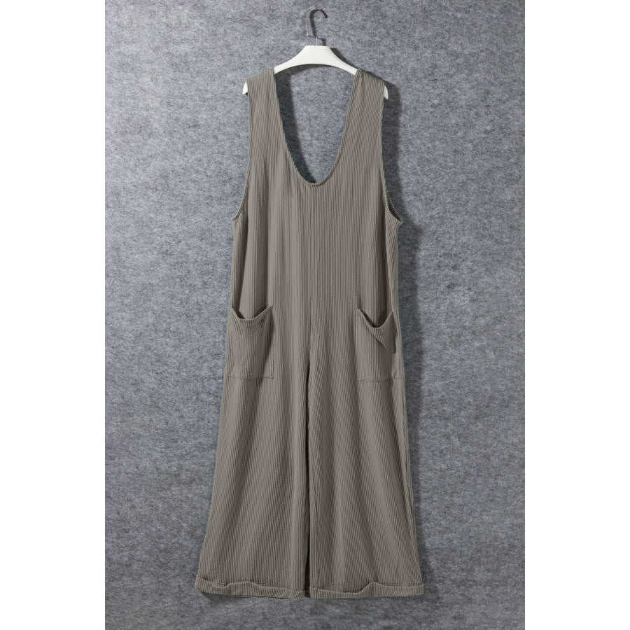 Ribbed V - Neck Wide Leg Jumpsuit with Pockets Apparel and Accessories