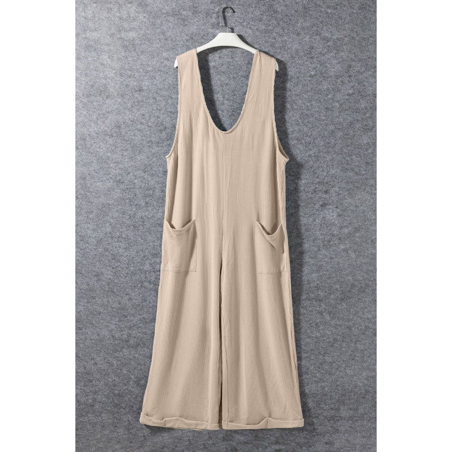 Ribbed V - Neck Wide Leg Jumpsuit with Pockets Apparel and Accessories