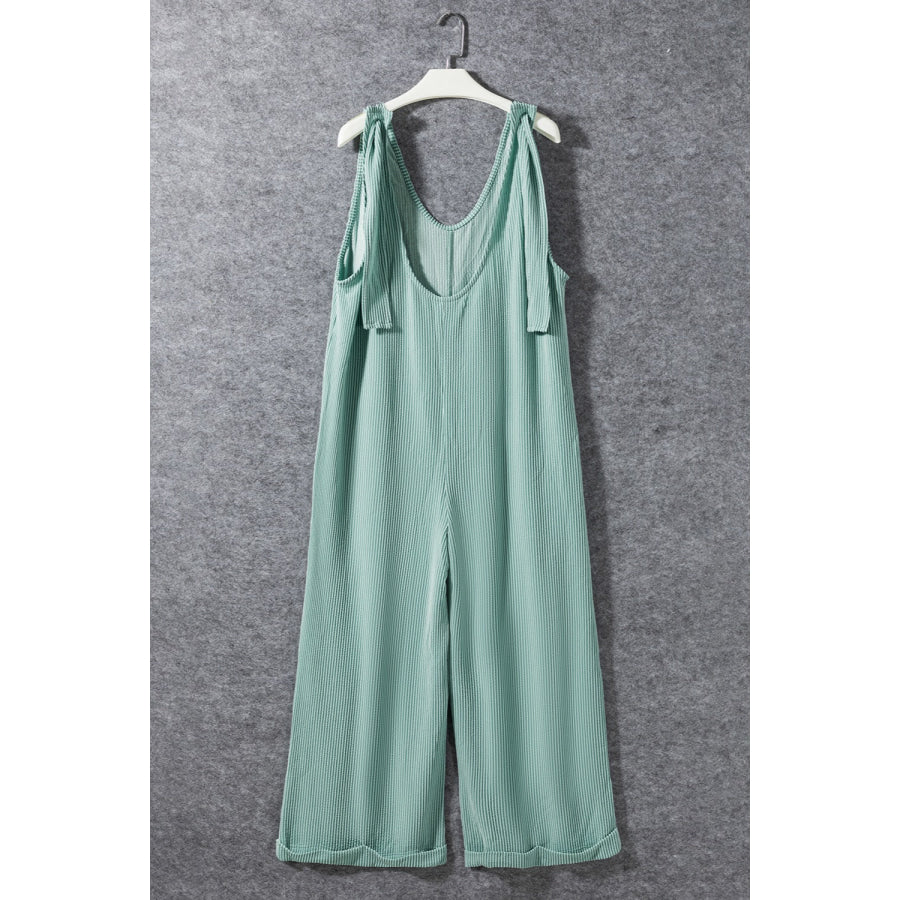 Ribbed V - Neck Wide Leg Jumpsuit with Pockets Apparel and Accessories
