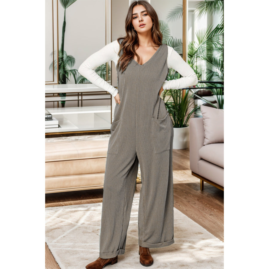 Ribbed V - Neck Wide Leg Jumpsuit with Pockets Charcoal / S Apparel and Accessories