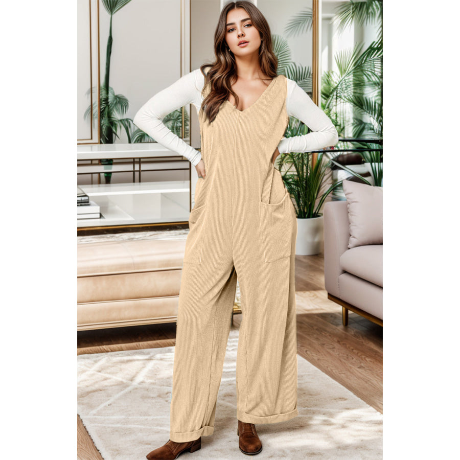 Ribbed V - Neck Wide Leg Jumpsuit with Pockets Sand / S Apparel and Accessories