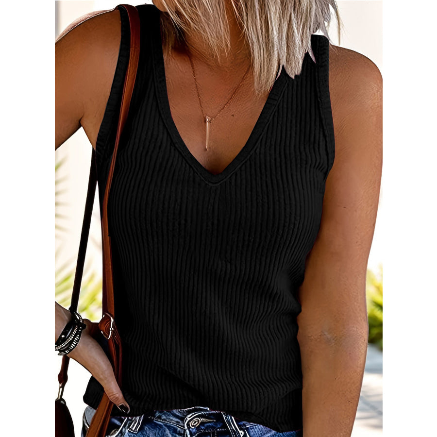 Ribbed V-Neck Wide Strap Tank Black / S Apparel and Accessories