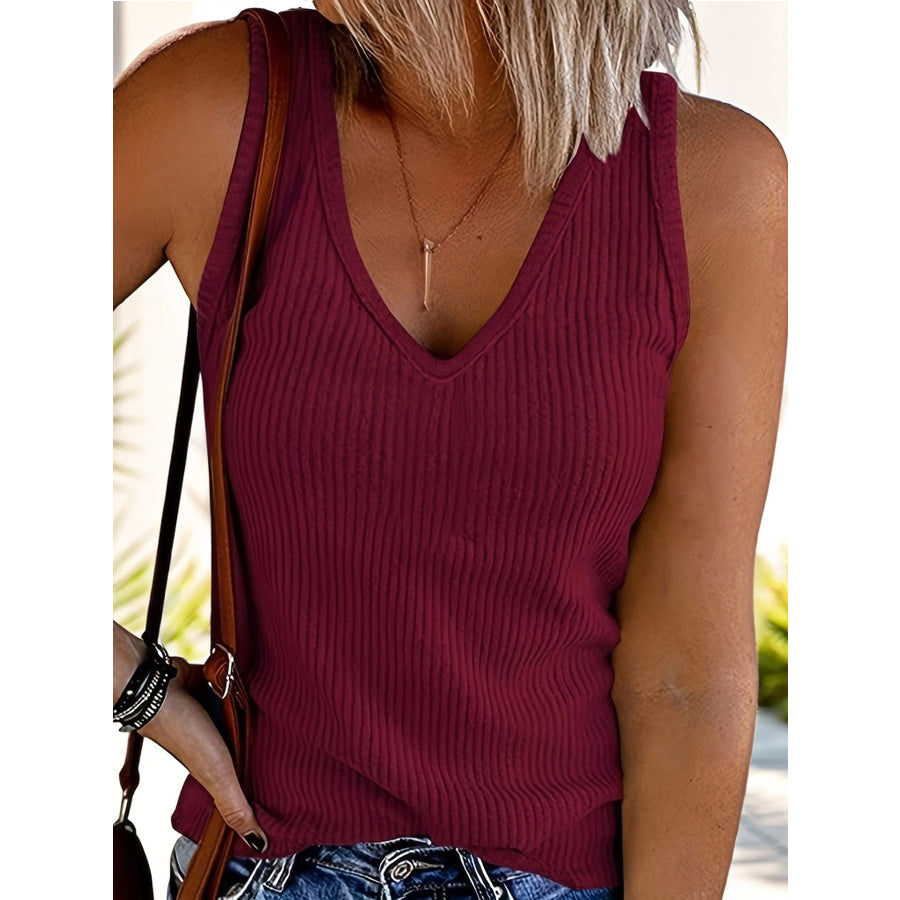 Ribbed V-Neck Wide Strap Tank Burgundy / S Apparel and Accessories