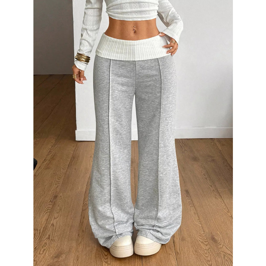 Ribbed Waistband Wide-Leg Pants Gray/white / S Apparel and Accessories