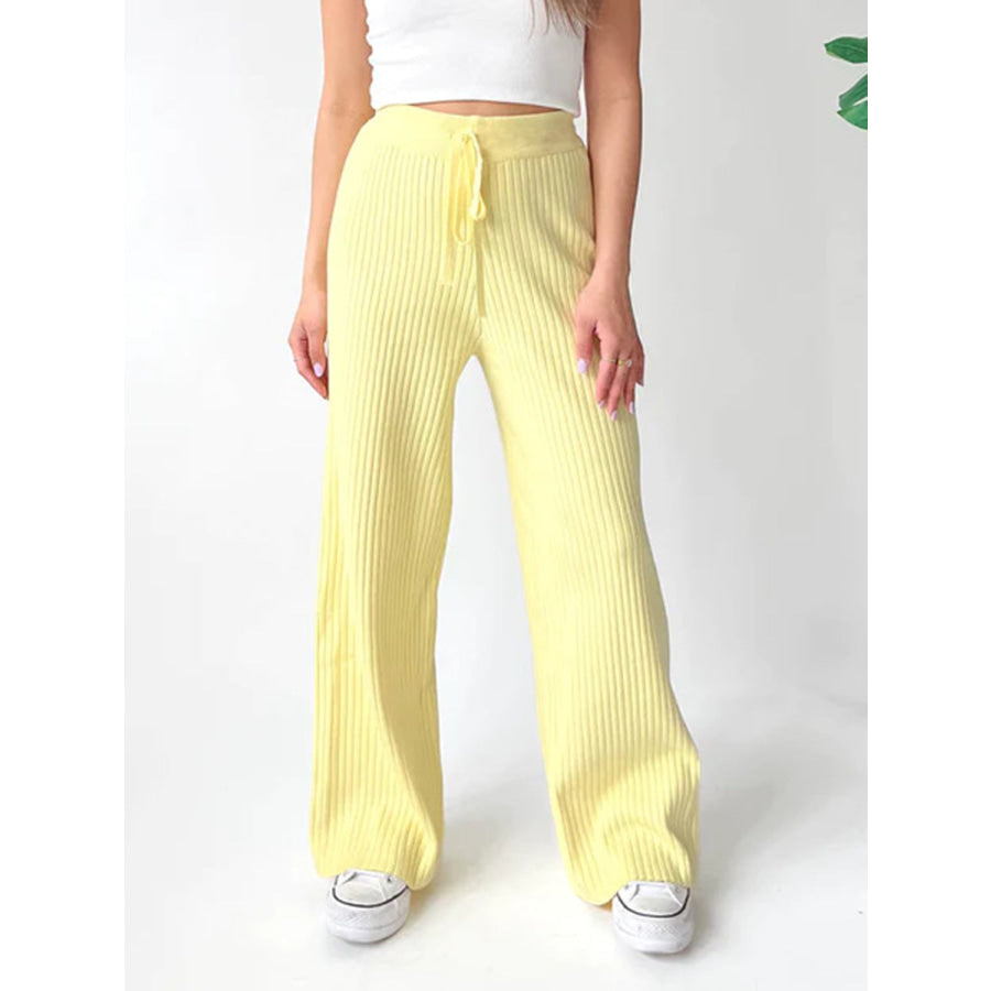 Ribbed Wide Leg Sweater Pants Pastel Yellow / S Apparel and Accessories