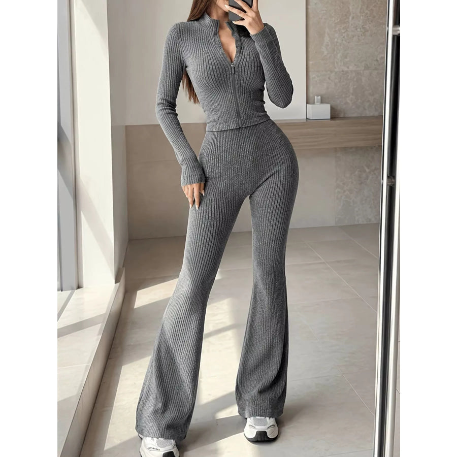 Ribbed Zip-Up Cardigan and Pants Knit Set Apparel Accessories
