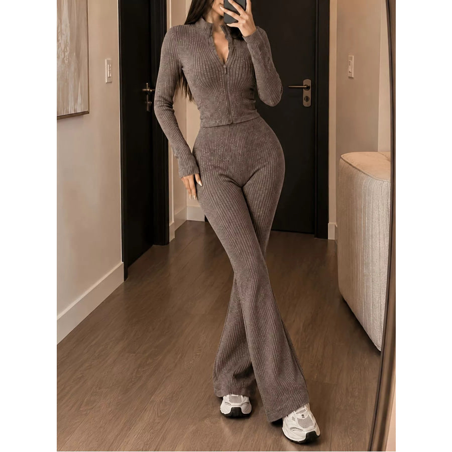 Ribbed Zip-Up Cardigan and Pants Knit Set Apparel Accessories