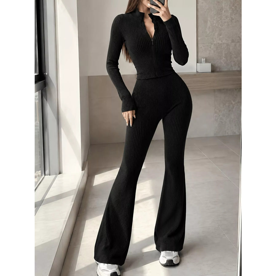 Ribbed Zip-Up Cardigan and Pants Knit Set Apparel Accessories