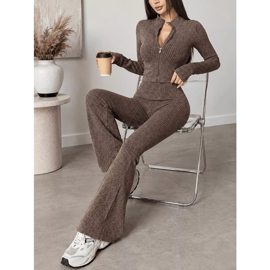 Ribbed Zip-Up Cardigan and Pants Knit Set Apparel Accessories