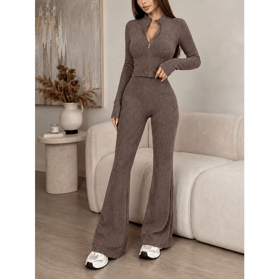 Ribbed Zip-Up Cardigan and Pants Knit Set Apparel Accessories