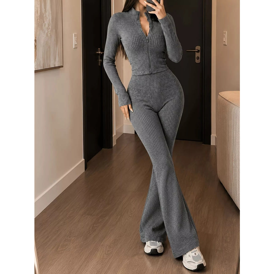 Ribbed Zip-Up Cardigan and Pants Knit Set Apparel Accessories