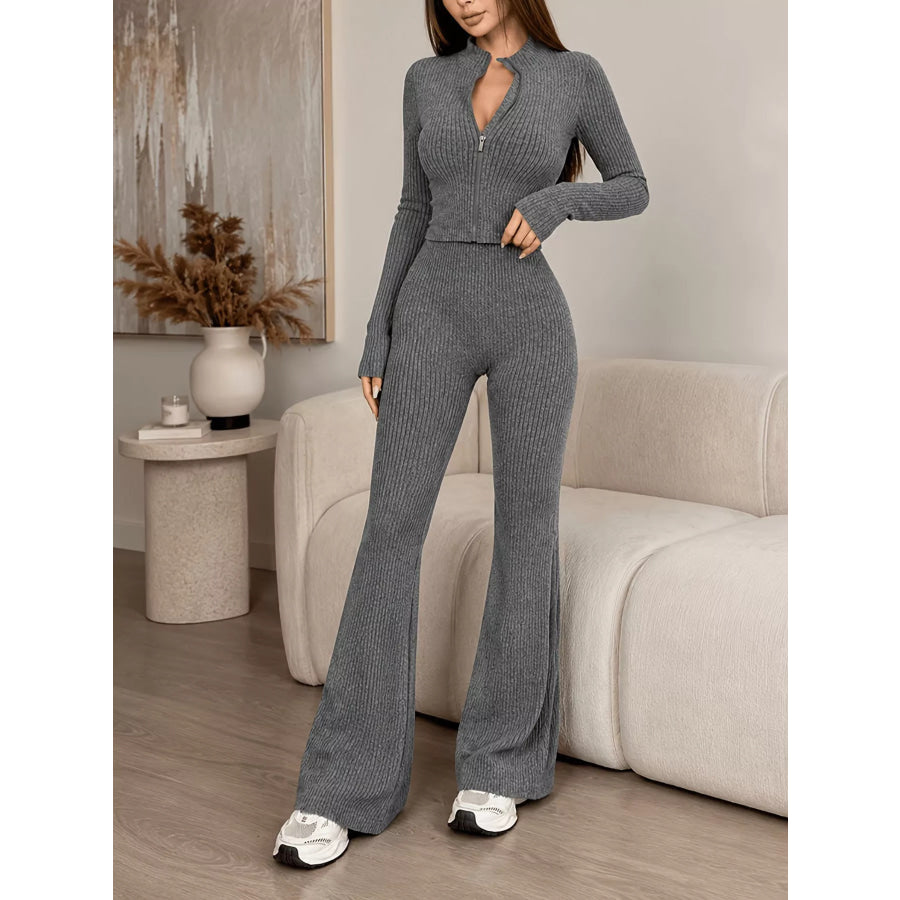 Ribbed Zip-Up Cardigan and Pants Knit Set Apparel Accessories