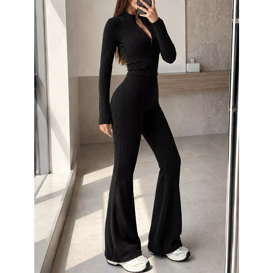 Ribbed Zip-Up Cardigan and Pants Knit Set Black / S Apparel Accessories