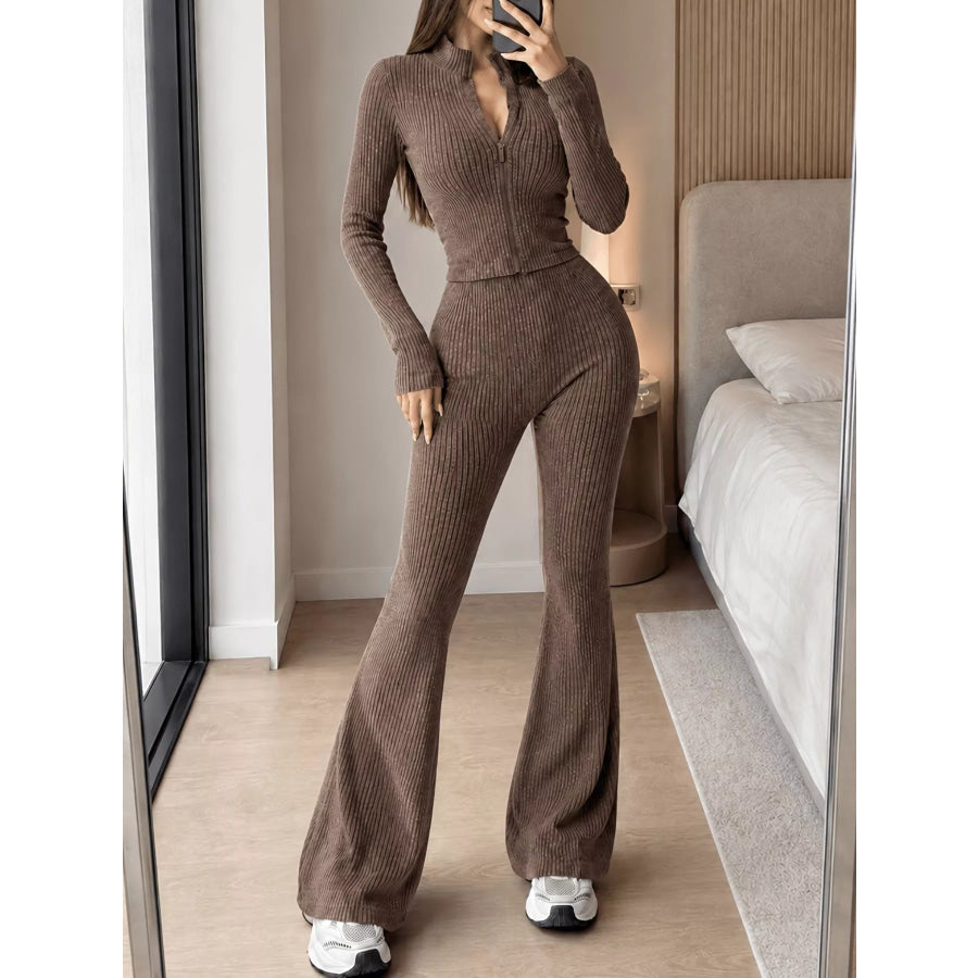 Ribbed Zip-Up Cardigan and Pants Knit Set Coffee Brown / S Apparel Accessories