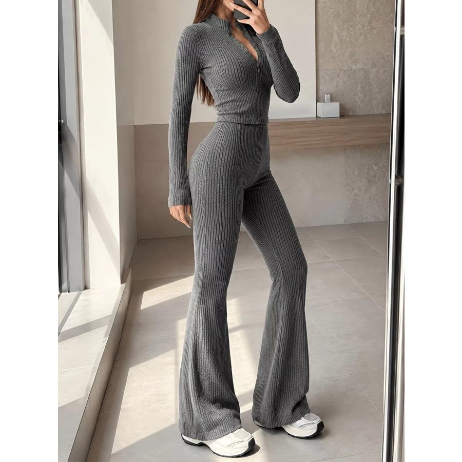 Ribbed Zip-Up Cardigan and Pants Knit Set Gray / S Apparel Accessories