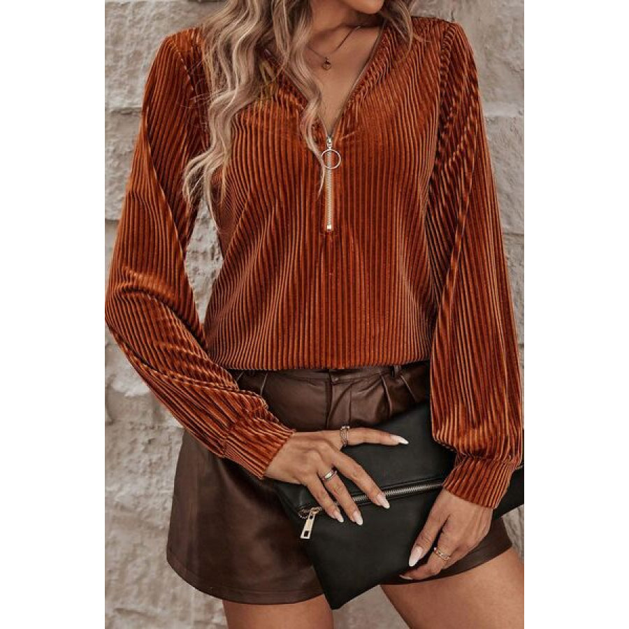 Ribbed Zip Up Long Sleeve T - Shirt Ochre / S Clothing