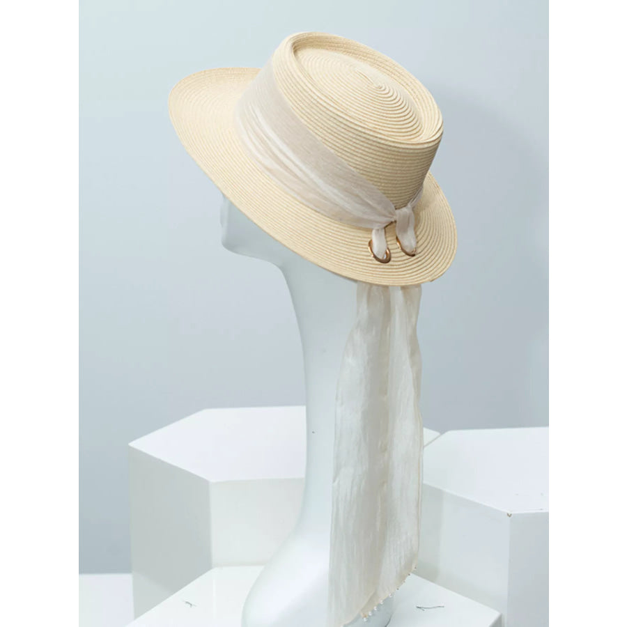 Ribbon Accent Straw Sun Hat Ivory / One Size Apparel and Accessories